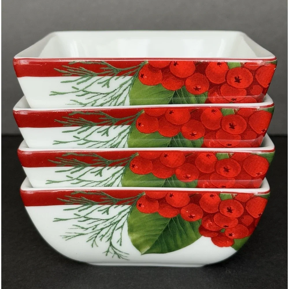 Charter Club GRAND BUFFET Red Berry - Set of 4 Porcelain Square Berry Bowls -EUC